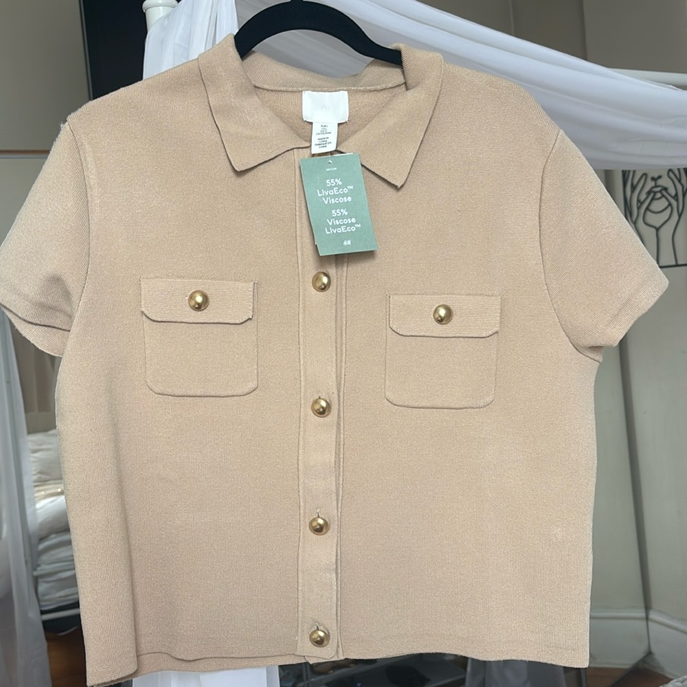 NWT H&M Tan Gold Button Down Collar Blouse